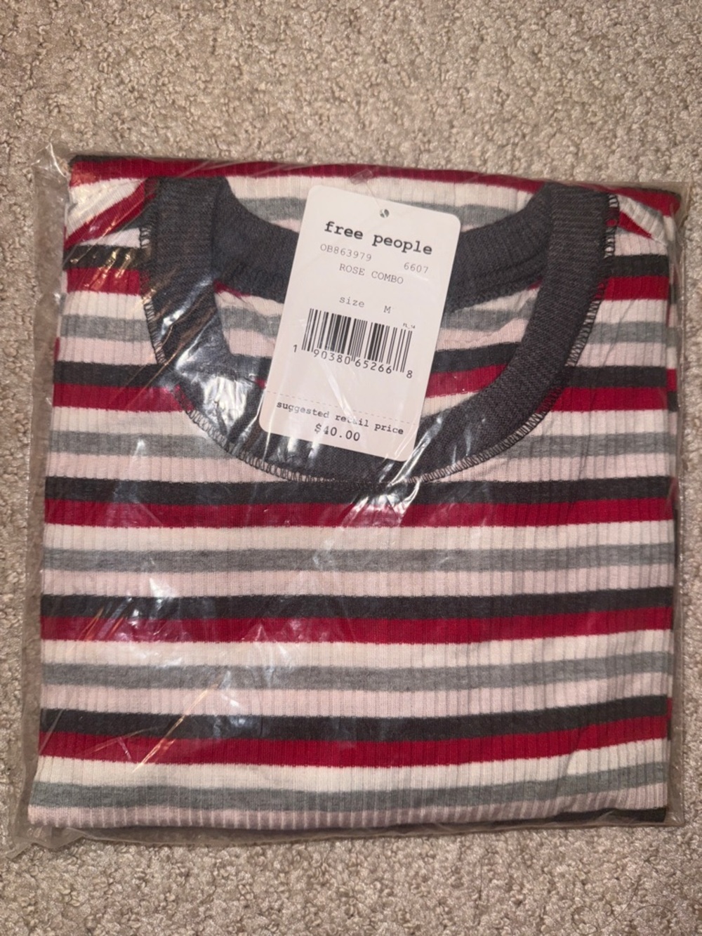 Free People Striped Tee Size M NWT Rose Combo Ribbed Top $40 Retail
